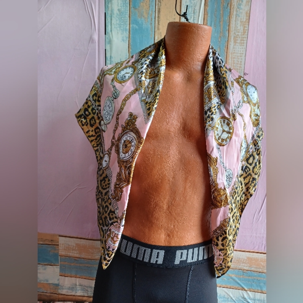 Pink and Gold Scarf with Clock and Leopard Print
